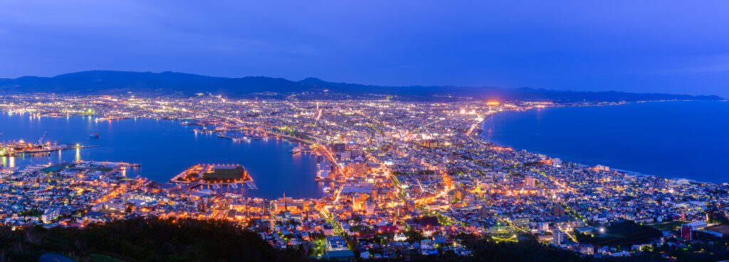 Panorama of Hakodate City view from Mountain Hakodate, winter season, Hokkaido, Japan