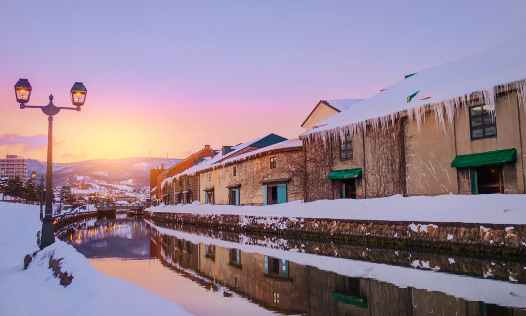 View of Otaru Canel in Winter season with sunset, Hokkaido - Japan