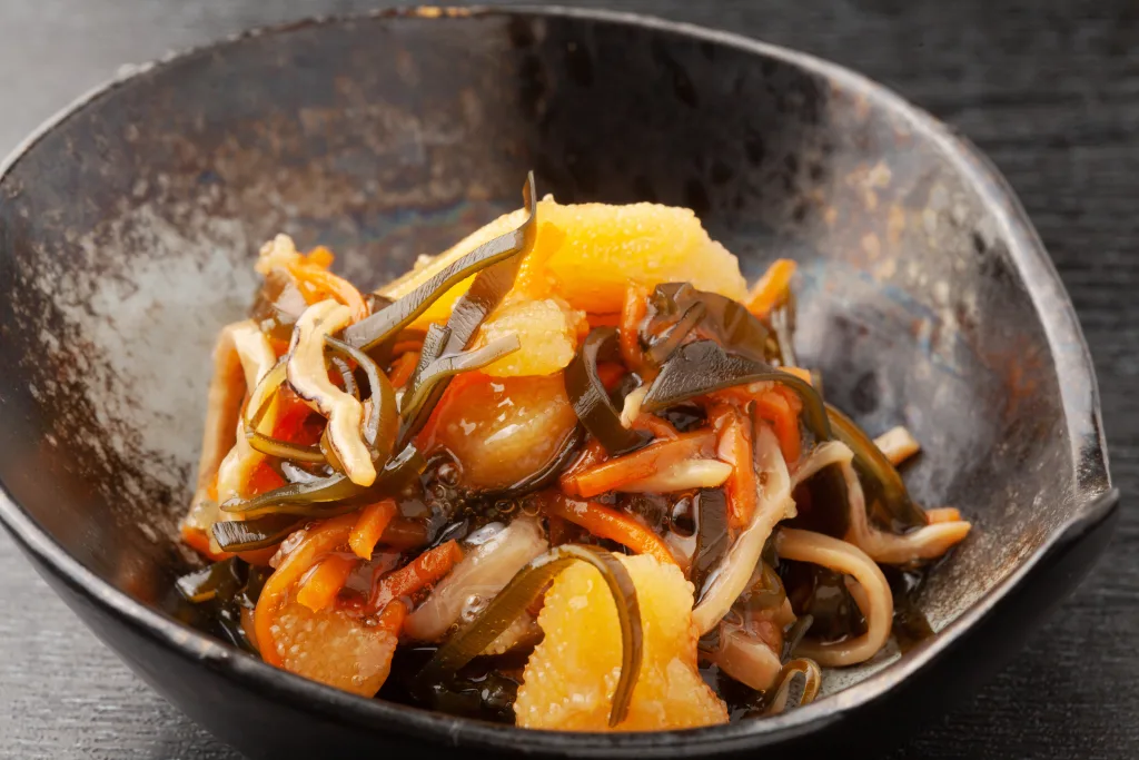 Matsumae zuke, an assortment of pickled vegetables, Konbu and Seafood. A delicacy of Southern Hokkaido.